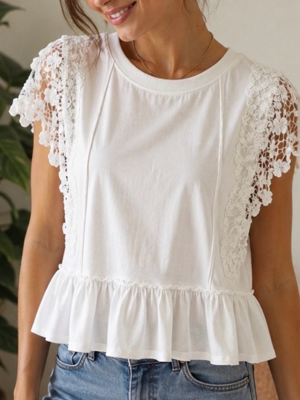 Anthropologie White Lace-Sleeve Peplum Top - Picture 2 of 7